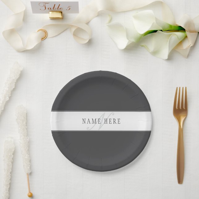 Elegant Name & Monogram | Dark & Light Grey  Paper Plates (Wedding)