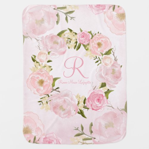Elegant Name Monogram Light Pink Peony Rose Wreath Baby Blanket
