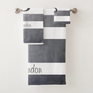 Elegant name monogram striped Gray Bath Towel Set
