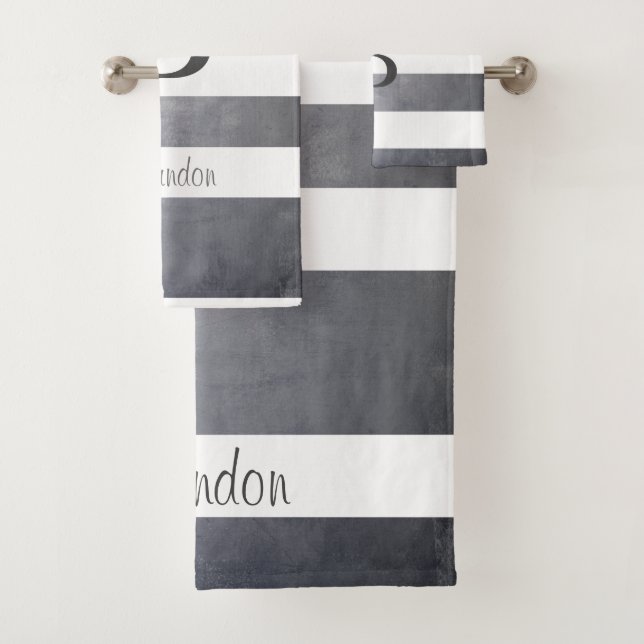 Elegant name monogram striped Gray Bath Towel Set (Insitu)
