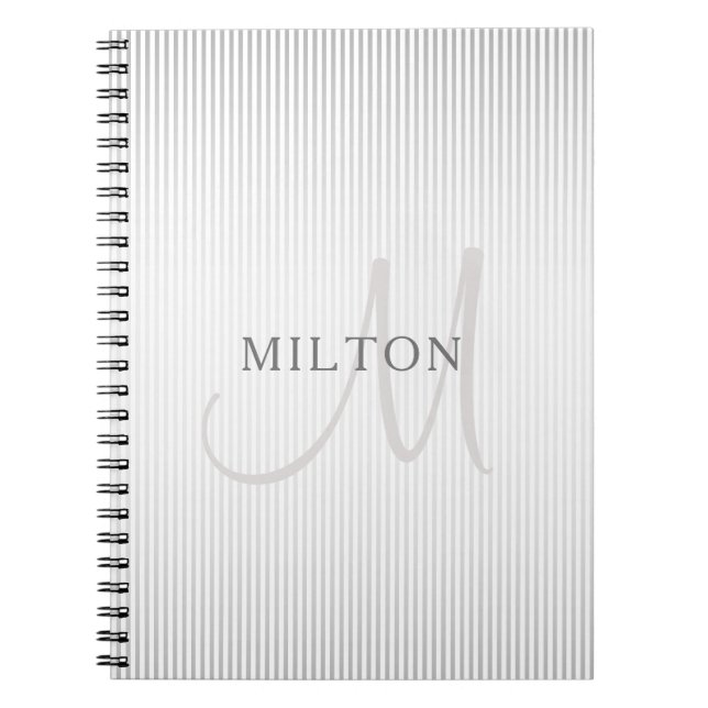 Elegant Name Monogram & Thin Gray Ombre Stripes Notebook (Front)