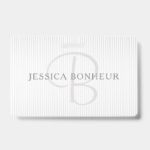 Elegant Name Monogram & Thin Grey Ombre Stripes Badge