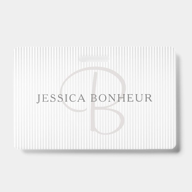 Elegant Name Monogram & Thin Grey Ombre Stripes Badge (Front)