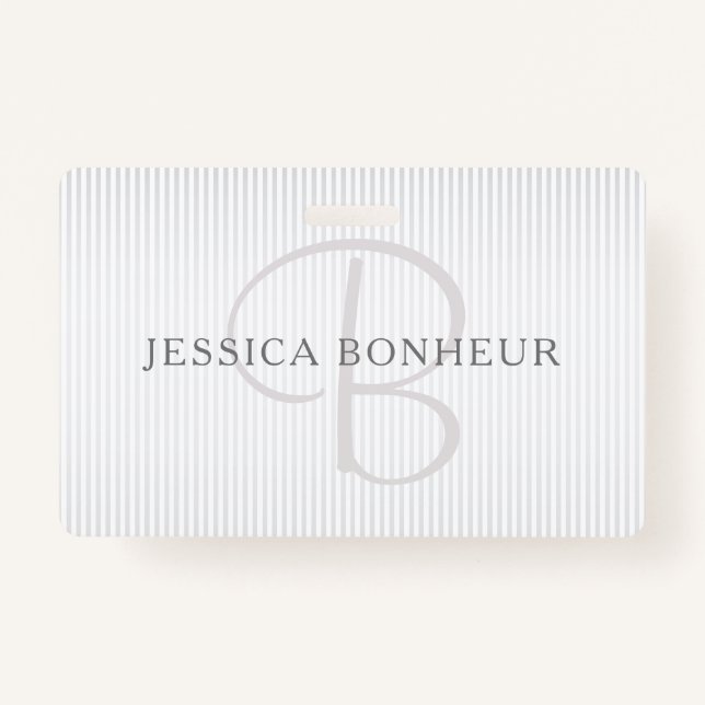 Elegant Name Monogram & Thin Grey Ombre Stripes Badge (Front)