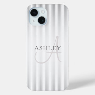 Elegant Name Monogram & Thin Grey Ombre Stripes iPhone 15 Case