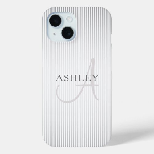 Elegant Name Monogram  Thin Grey Ombre Stripes iPhone 15 Case