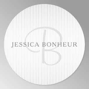 Elegant Name Monogram & Thin Grey Ombre Stripes Classic Round Sticker