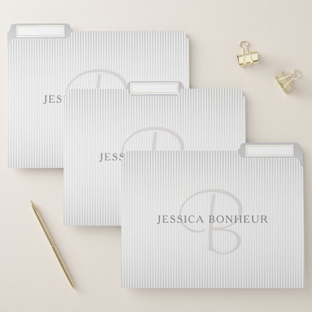 Elegant Name Monogram & Thin Grey Ombre Stripes File Folder (Set)