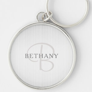 Elegant Name Monogram & Thin Grey Ombre Stripes Keychain