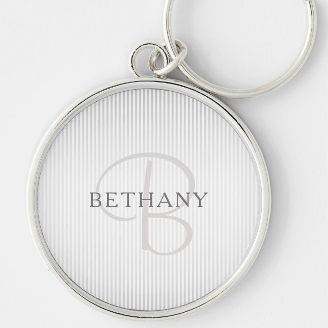 Elegant Name Monogram & Thin Grey Ombre Stripes Keychain (Front)