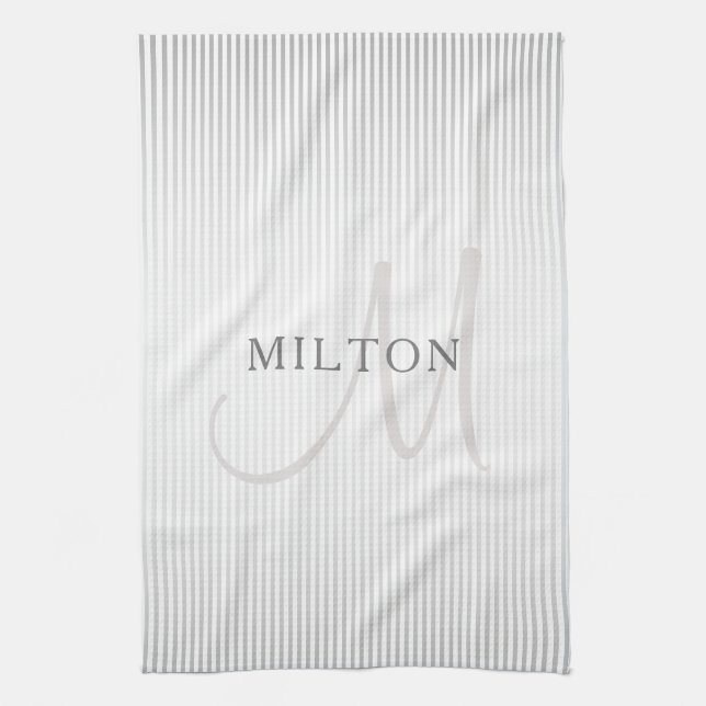 Elegant Name Monogram & Thin Grey Ombre Stripes Kitchen Towel (Vertical)