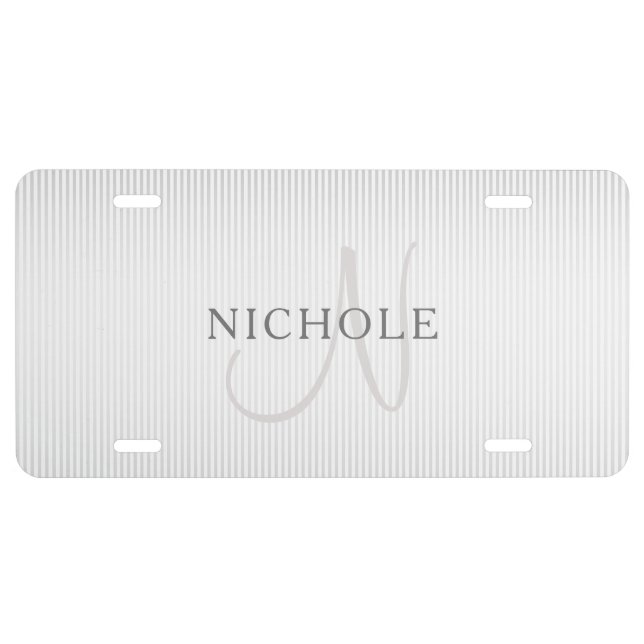 Elegant Name Monogram & Thin Grey Ombre Stripes License Plate (Front)