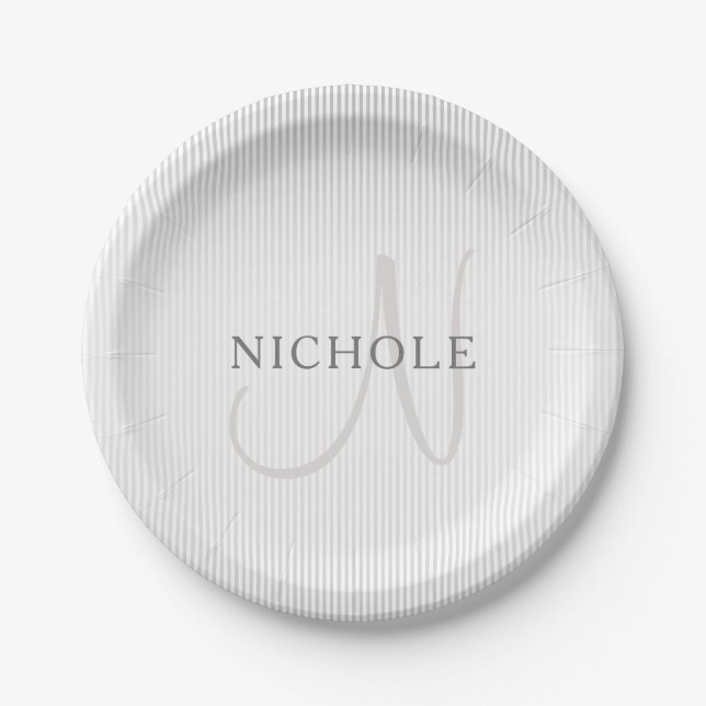 Elegant Name Monogram & Thin Grey Ombre Stripes Paper Plates (Front)