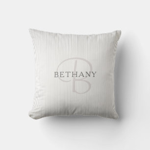Elegant Name Monogram & Thin Grey Ombre Stripes Throw Pillow