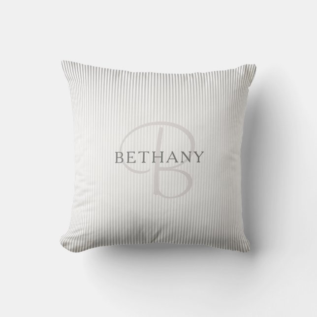 Elegant Name Monogram & Thin Grey Ombre Stripes Throw Pillow (Front)