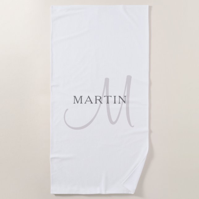 Elegant Name Monogram | White & Grey Beach Towel (Front)