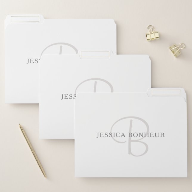 Elegant Name Monogram | White & Grey File Folder (Set)