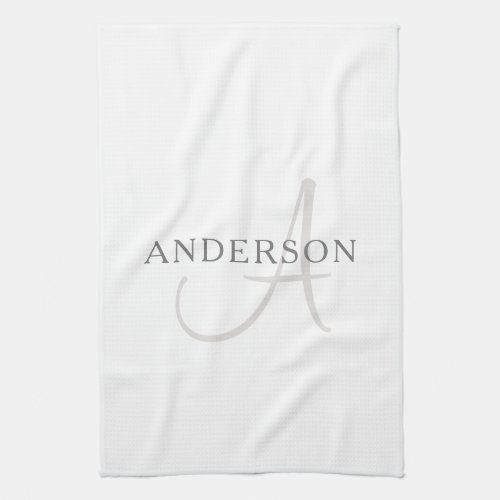 Elegant Name Monogram  White  Grey Kitchen Towel