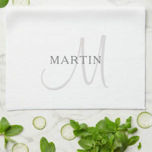 Elegant Name Monogram White & Grey Kitchen Towel