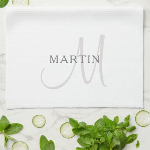 Elegant Name Monogram  White  Grey Kitchen Towel