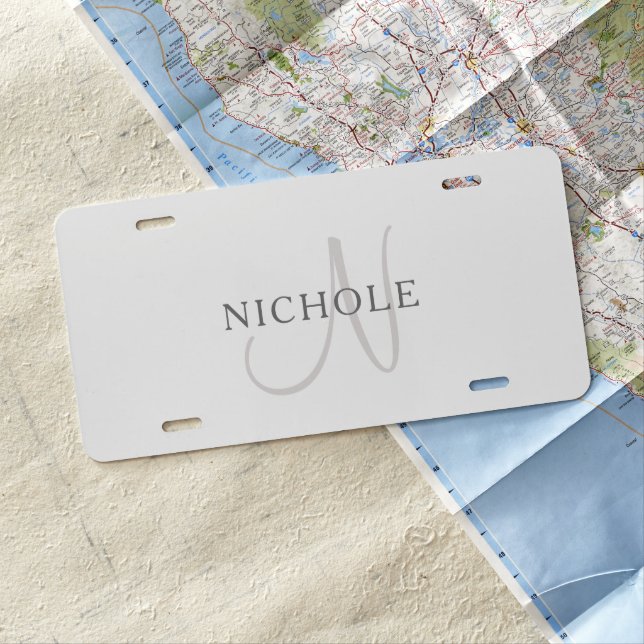 Elegant Name Monogram | White & Grey License Plate (In Situ)