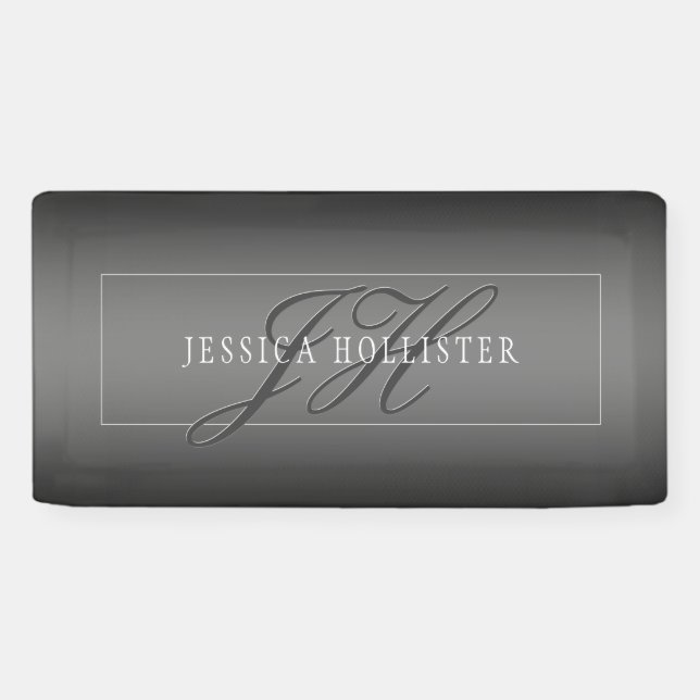 Elegant Name & Monogrammed Initials | Black & Grey Banner (Horizontal)