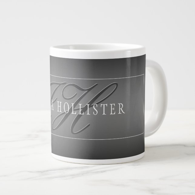 Elegant Name & Monogrammed Initials | Black & Grey Giant Coffee Mug (Front Right)