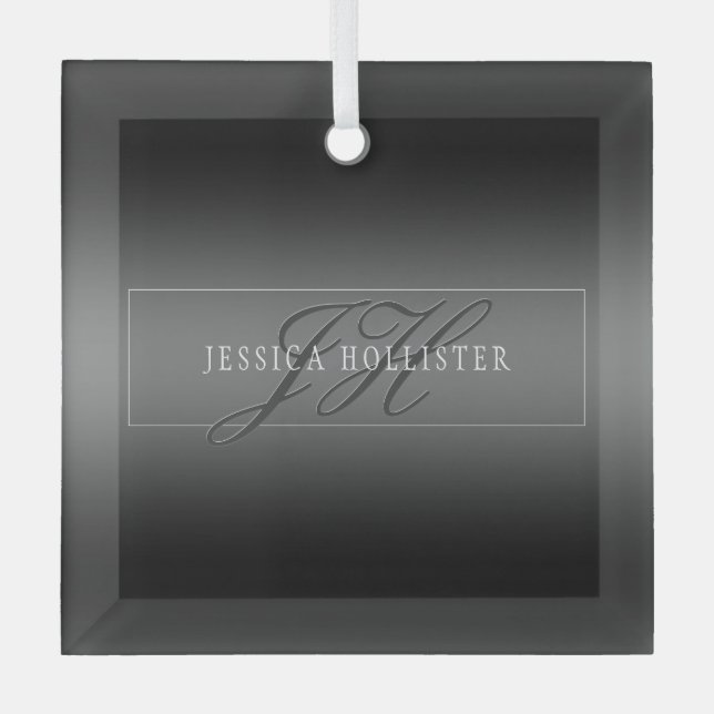 Elegant Name & Monogrammed Initials | Black & Grey Glass Ornament (Front)