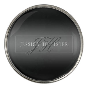 Elegant Name & Monogrammed Initials Black & Grey Golf Ball Marker