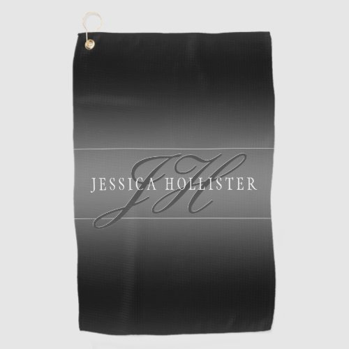 Elegant Name  Monogrammed Initials  Black  Grey Golf Towel