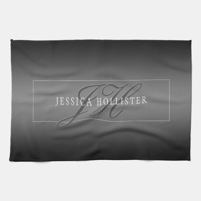 Elegant Name & Monogrammed Initials | Black & Grey Kitchen Towel (Horizontal)