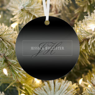 Elegant Name & Monogrammed Initials Black & Grey Metal Ornament