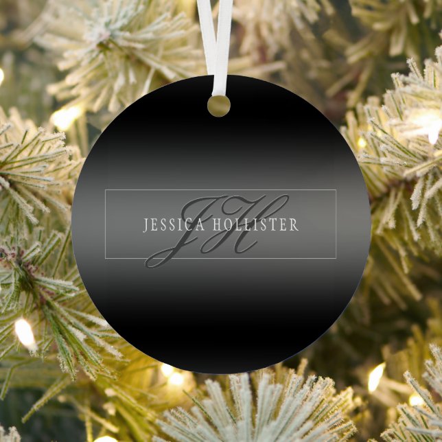 Elegant Name & Monogrammed Initials | Black & Grey Metal Ornament (Insitu)