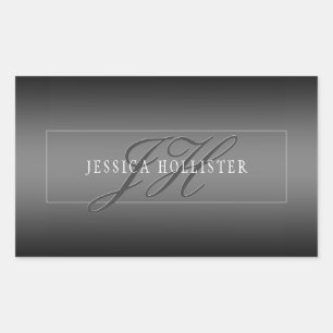 Elegant Name & Monogrammed Initials Black & Grey Rectangular Sticker
