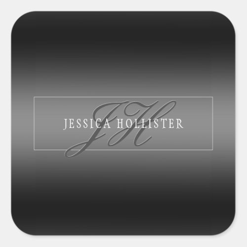 Elegant Name  Monogrammed Initials  Black  Grey Square Sticker