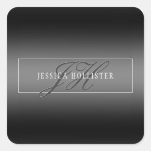 Elegant Name & Monogrammed Initials Black & Grey Square Sticker