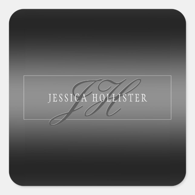 Elegant Name & Monogrammed Initials | Black & Grey Square Sticker (Front)