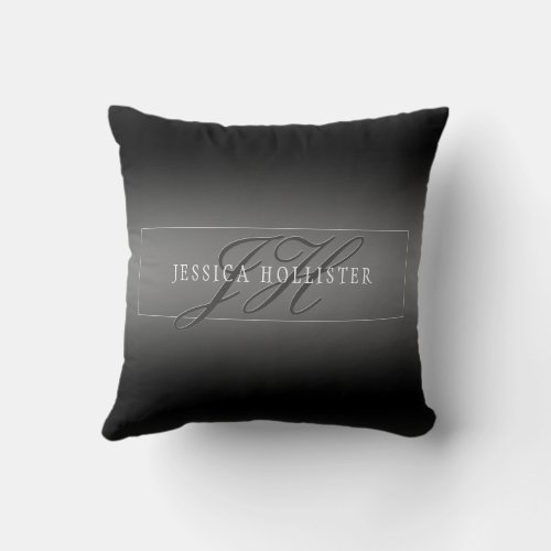Elegant Name  Monogrammed Initials  Black  Grey Throw Pillow