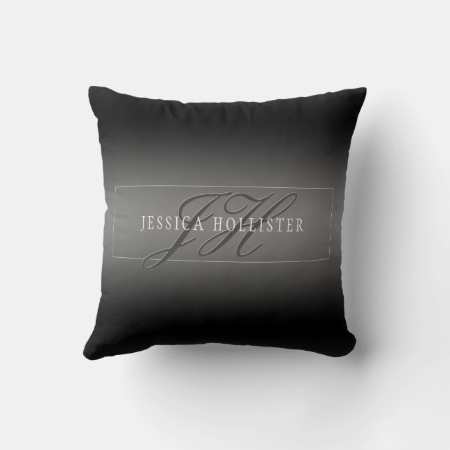 Elegant Name & Monogrammed Initials | Black & Grey Throw Pillow (Back)