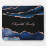 Elegant Name Navy Blue Rose Gold Agate Black Mouse Pad<br><div class="desc">Modern Elegant Name Navy Blue Rose Gold Agate Black Mouse Pad. Gorgeous versatile design featuring on trend navy blue agate geode watercolor style abstract art with rose gold glitter accents. Background is shown in Black with customizable text shown in rose gold blush pink color. Personalize with your name (or any...</div>