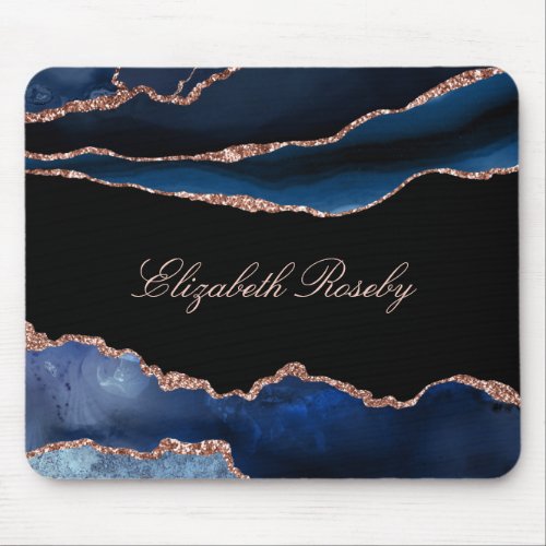 Elegant Name Navy Blue Rose Gold Agate Black Mouse Pad