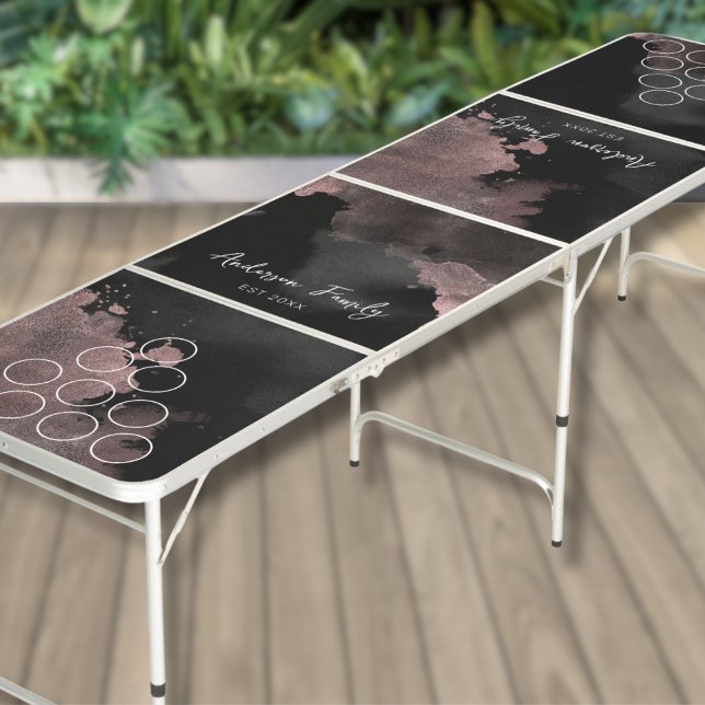 Elegant Name Pink Black Beer Pong Table (Fun Elegant Name Watercolor Black Rose Gold Marble Beer Pong Table)