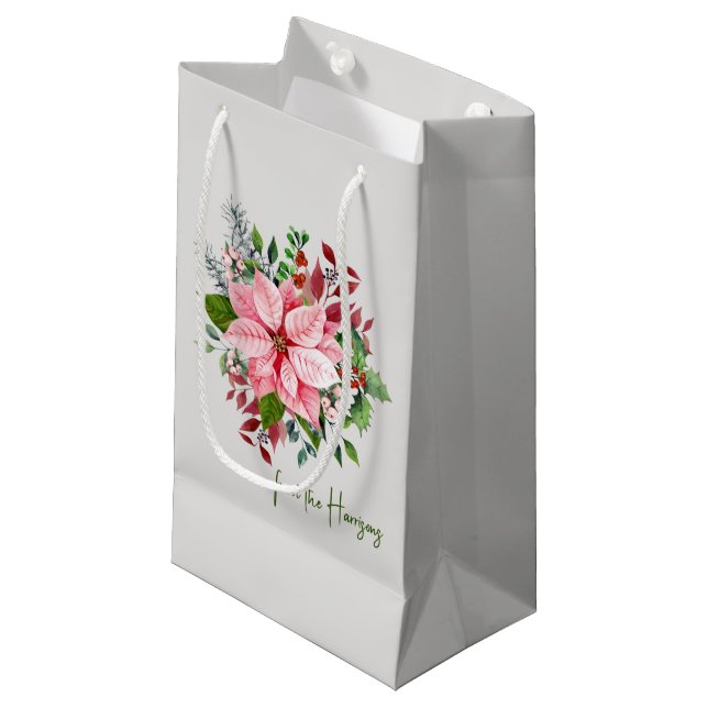 Elegant Name, Pink Poinsettia Bouquet Small Gift Bag (Front Angled)