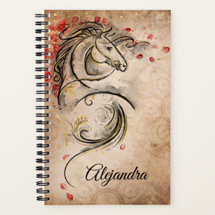 Elegant Name Red and Gold Vintage Horse Art Notebook