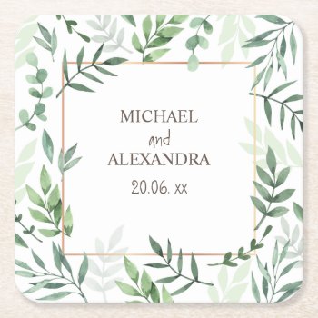 Elegant Name Watercolor Rustic Greenery Wedding  Square Paper Coaster by HasCreations at Zazzle