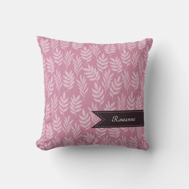 Elegant Name With Chic Pink Leaves Pattern Throw Pillow (Front)