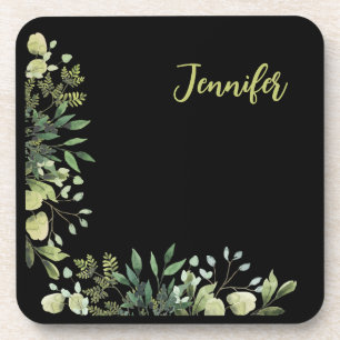Elegant named botanical frame leaves black beverage coaster