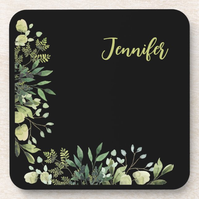 Elegant named botanical frame leaves black beverage coaster (Front)