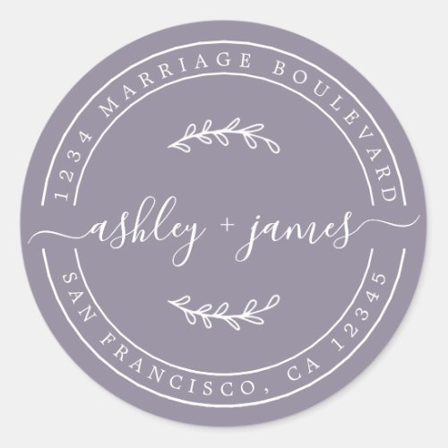 Elegant Names Ash Purple Wedding Return Address Classic Round Sticker