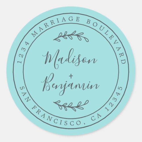 Elegant Names Blue Wedding Return Address Classic Round Sticker